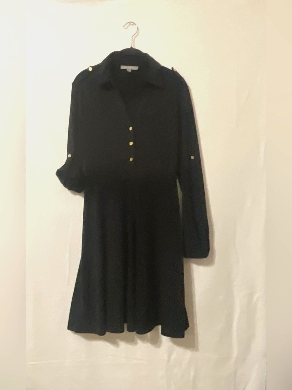 NY Collection Black Roll Tab Sleeve Gold Button Work Office Shirt Dress Small S